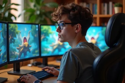 Jeune homme concentré devant ses écrans de jeu Dofus