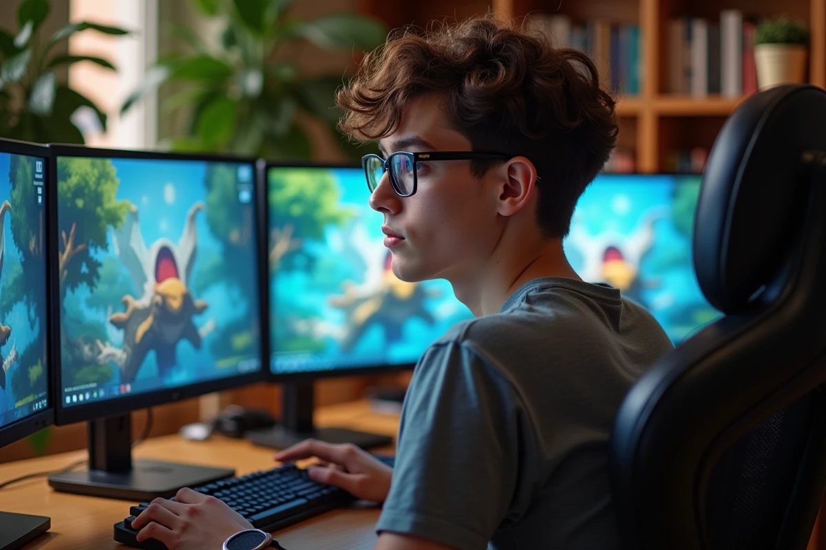 Jeune homme concentré devant ses écrans de jeu Dofus