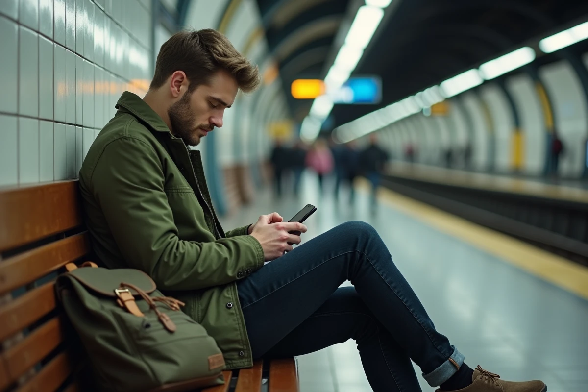 Jeune homme vérifiant les horaires du service client Sosh sur son téléphone dans une station de métro
