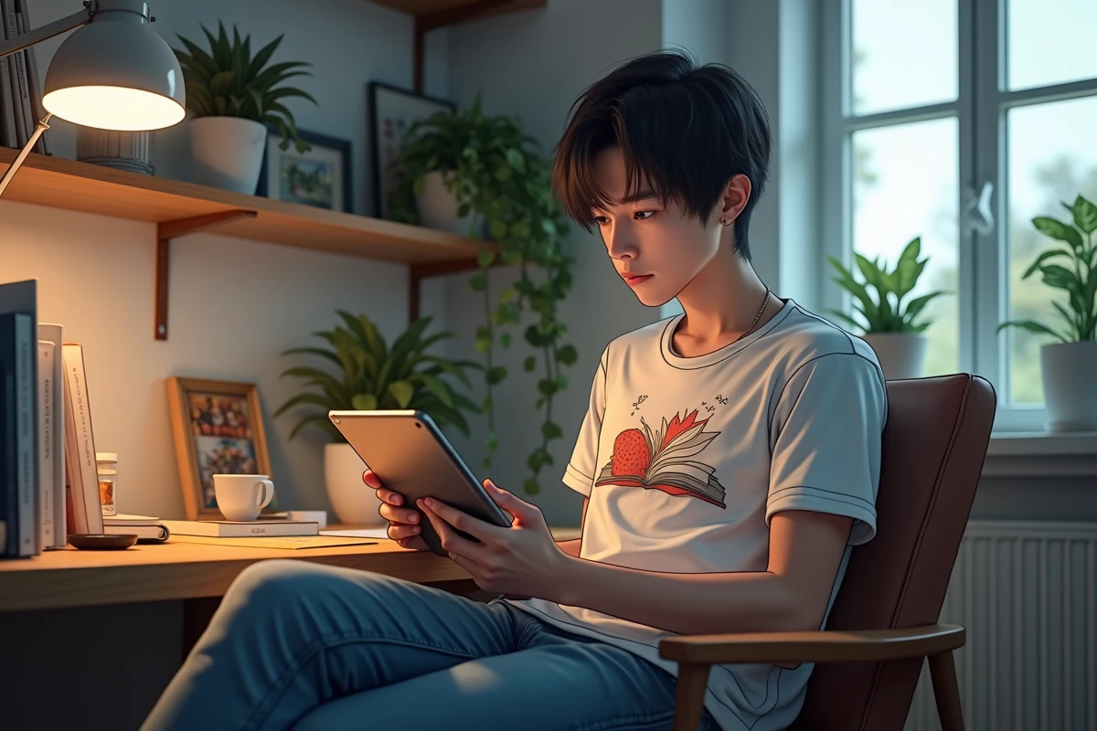 Jeune homme lisant un webtoon sur une tablette dans un espace cosy