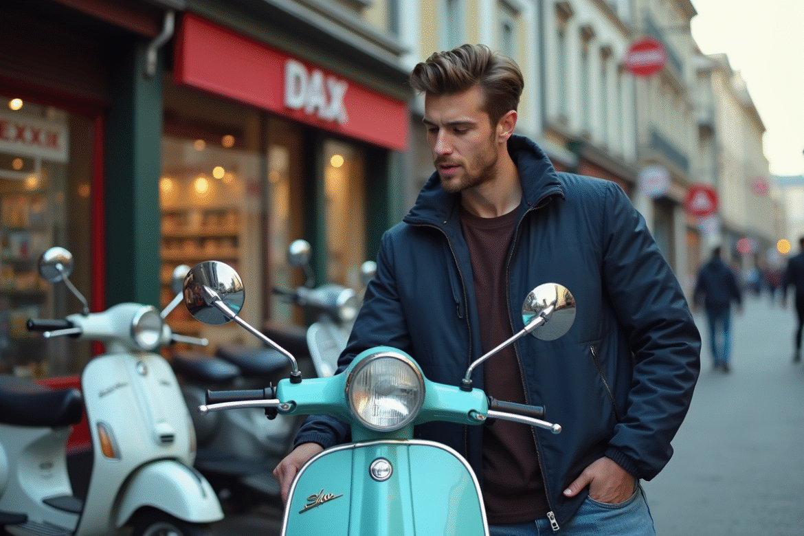 Jeune homme inspectant un Dax moped en ville