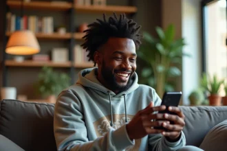 Jeune homme noir regardant du contenu humoristique sur son smartphone dans un salon contemporain