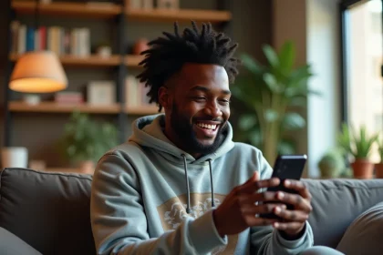 Jeune homme noir regardant du contenu humoristique sur son smartphone dans un salon contemporain