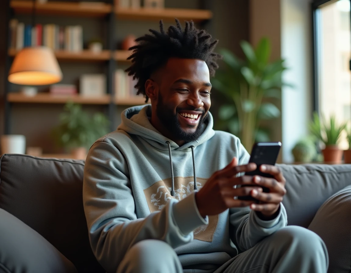 Jeune homme noir regardant du contenu humoristique sur son smartphone dans un salon contemporain