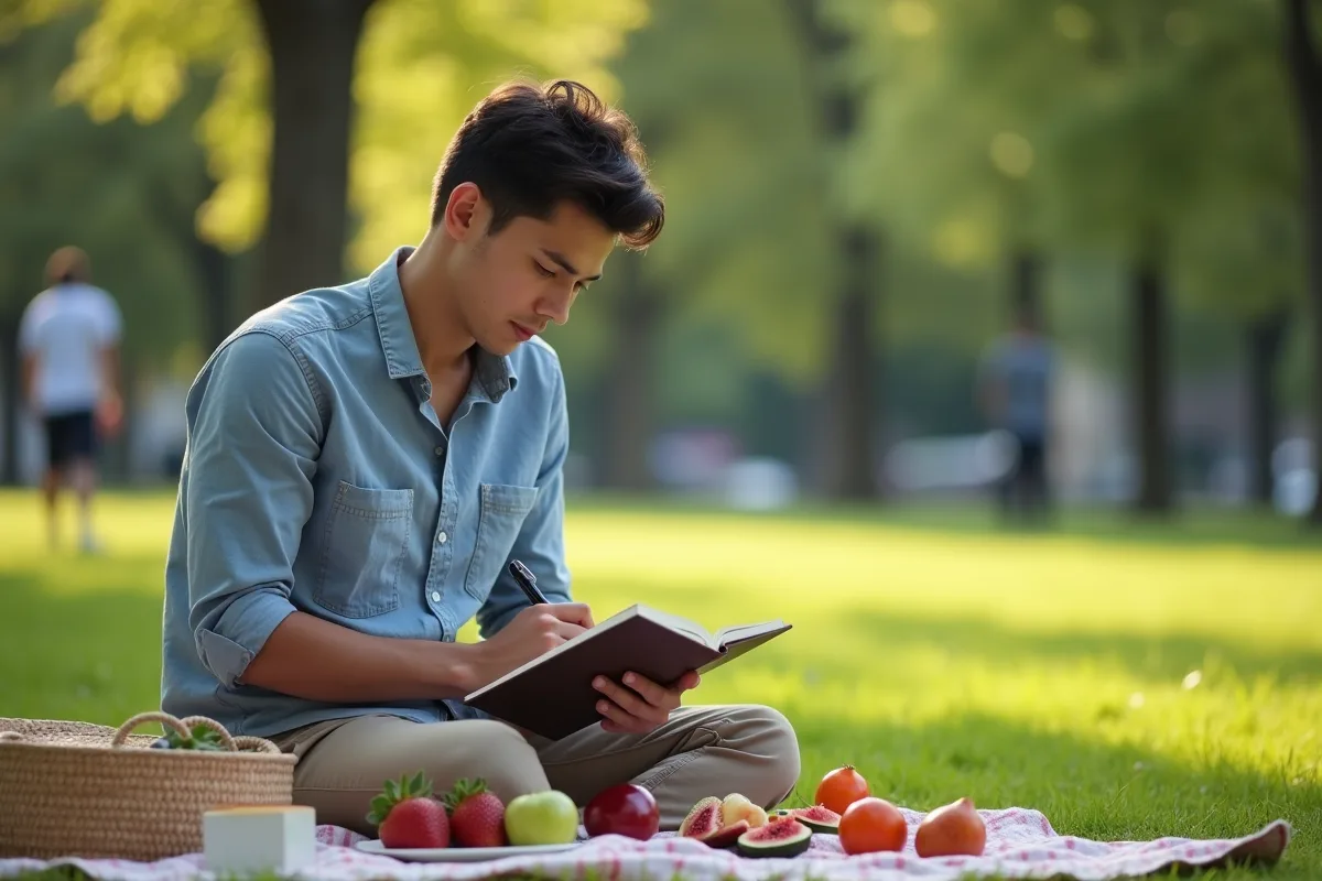 Jeune homme dans un parc avec un pique-nique et un journal