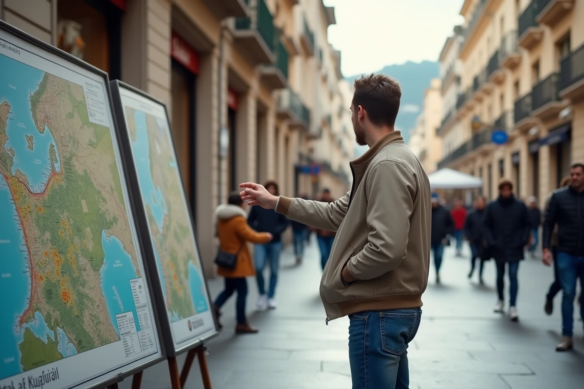 Jeune homme pointant une carte touristique dans la rue de Cannes