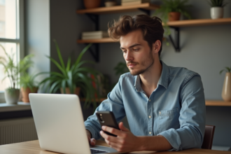 Jeune homme concentré sur son ordinateur portable à la maison