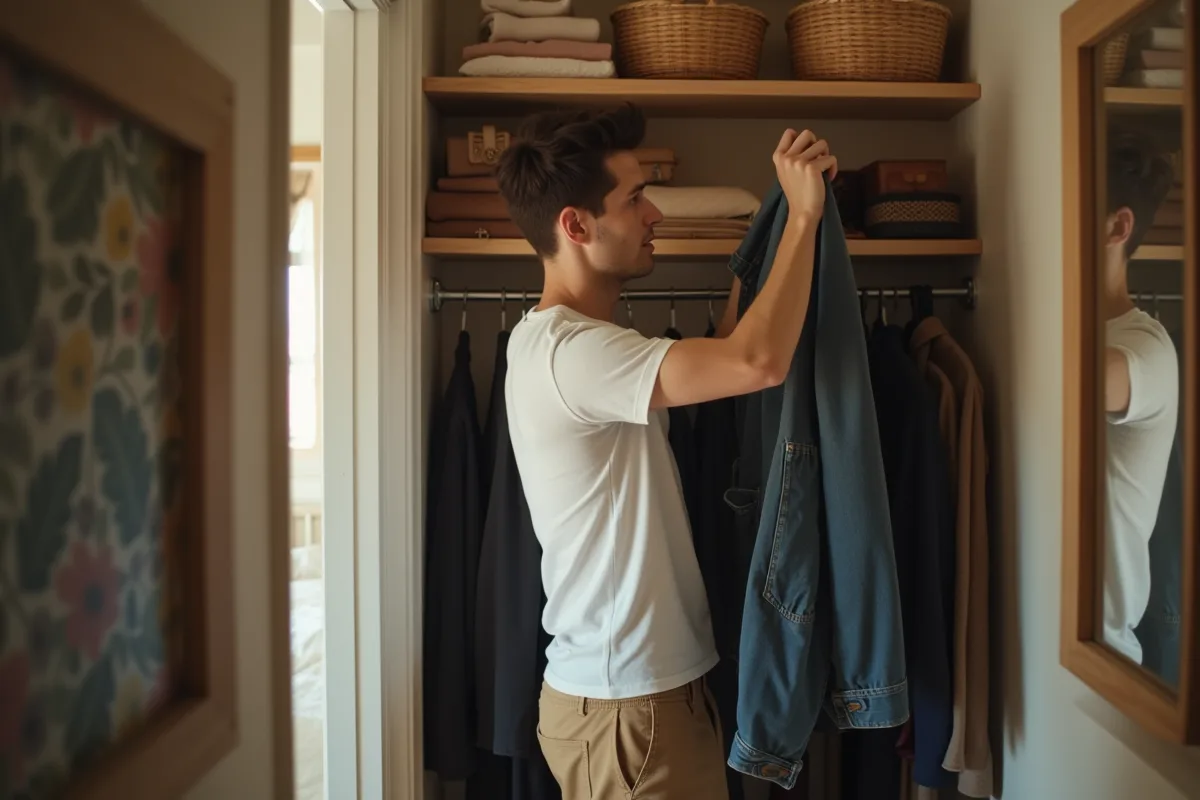 Jeune homme rangeant un manteau dans un placard d