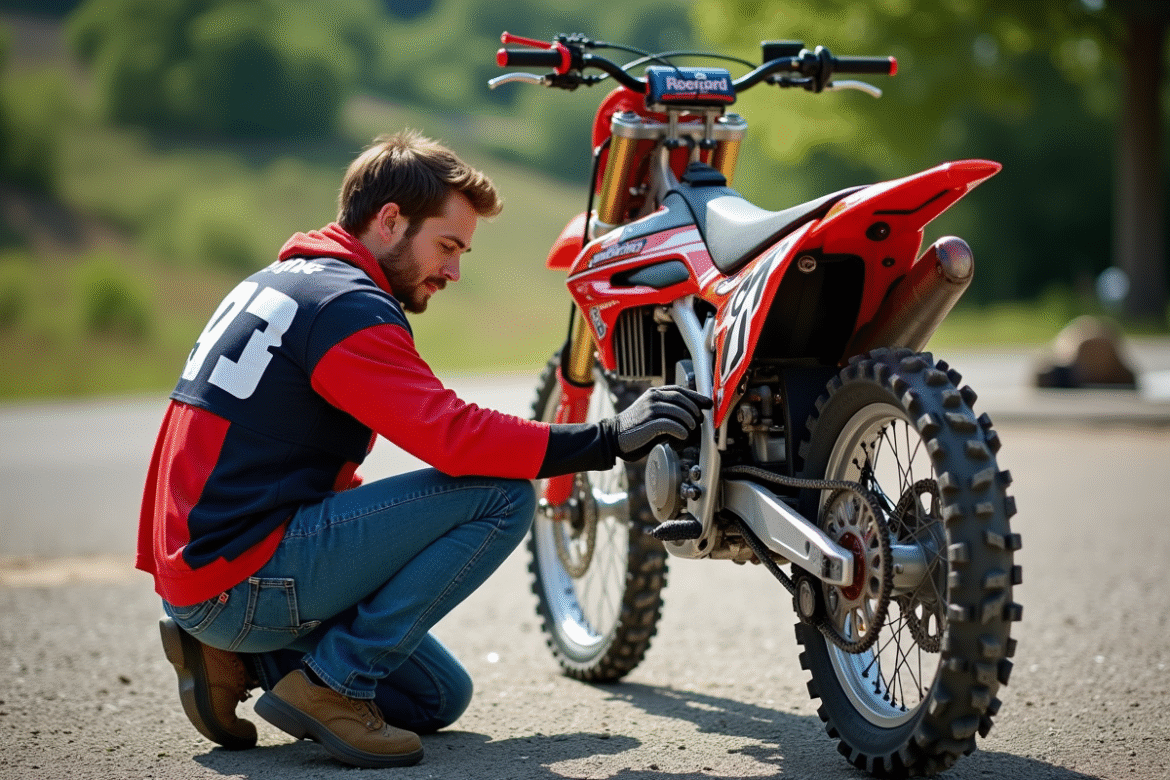 Jeune homme inspectant une roue de dirt bike en extérieur
