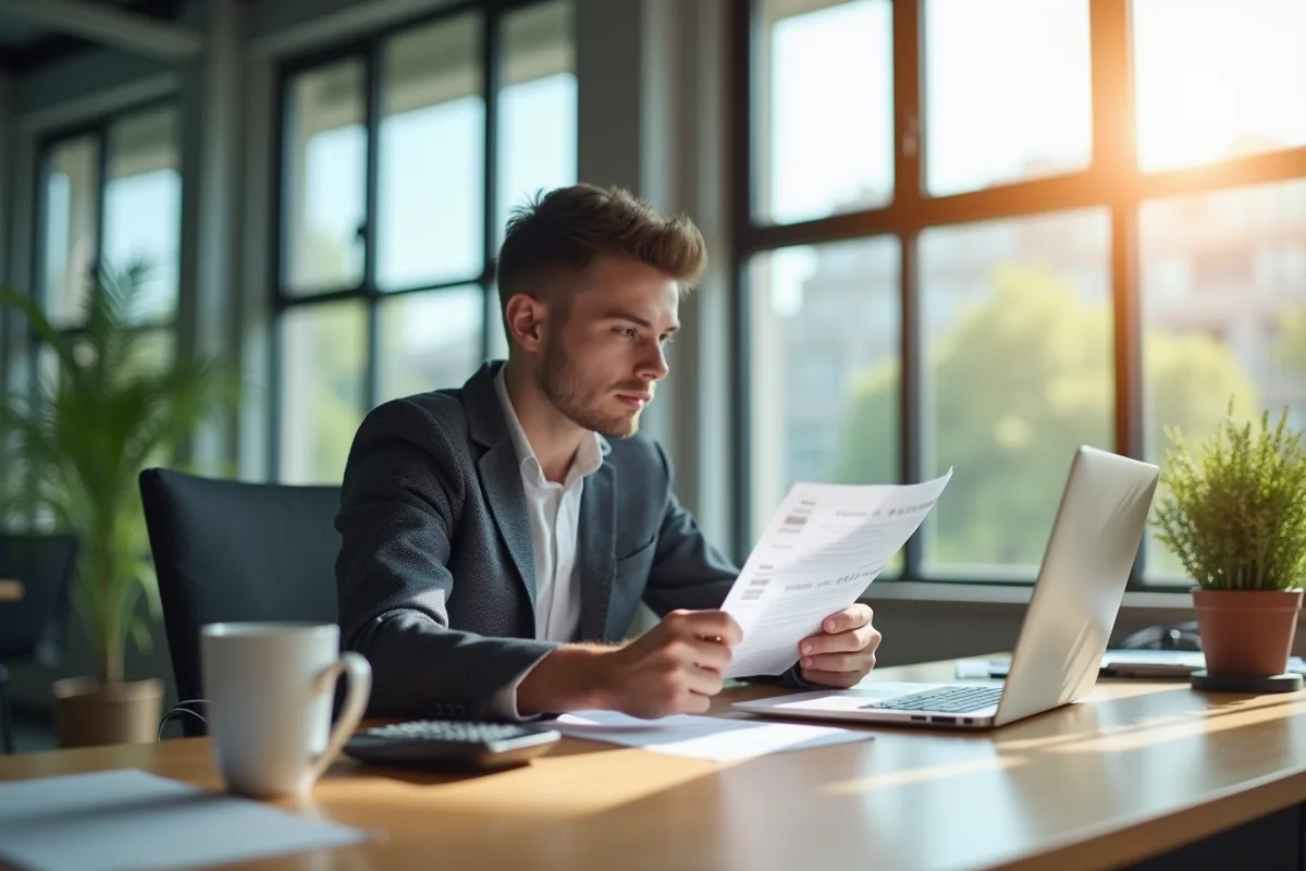 Jeune professionnel au bureau avec documents de salaire