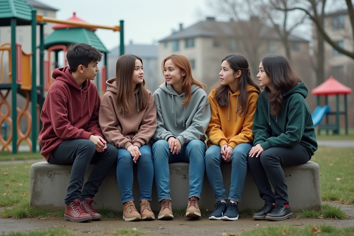 Jeunes en conversation dans un parc suburbain