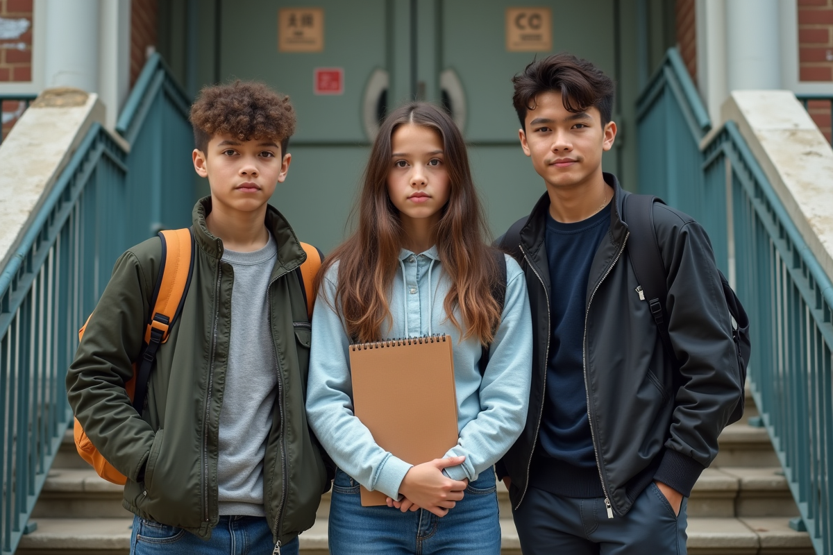 Trois adolescents dans la cour de l école en milieu urbain