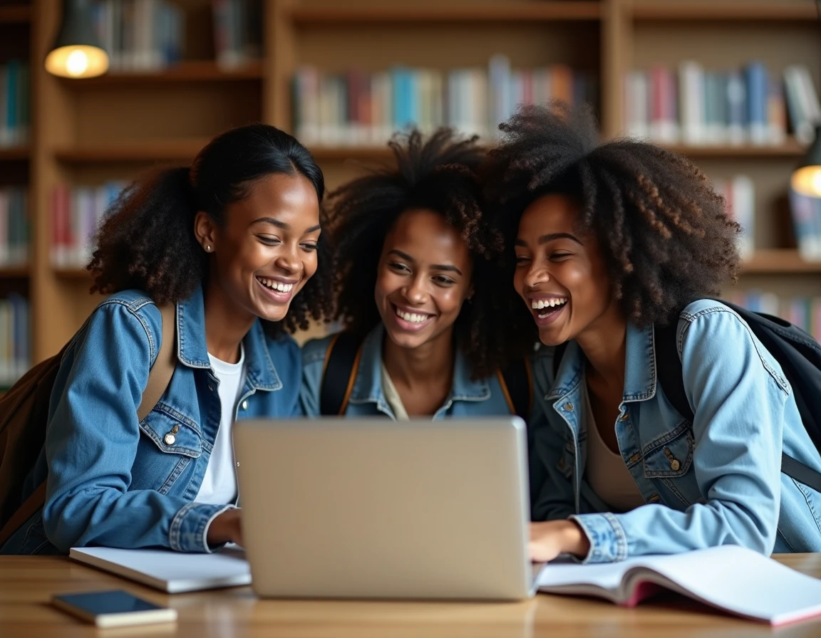 Groupe de jeunes femmes noires partageant un moment de rire devant un ordinateur portable en bibliothèque universitaire