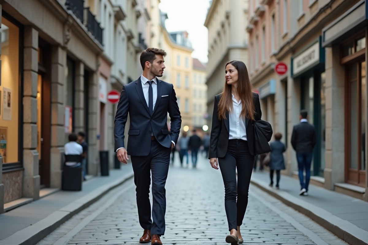 Jeunes professionnels marchant dans une rue urbaine