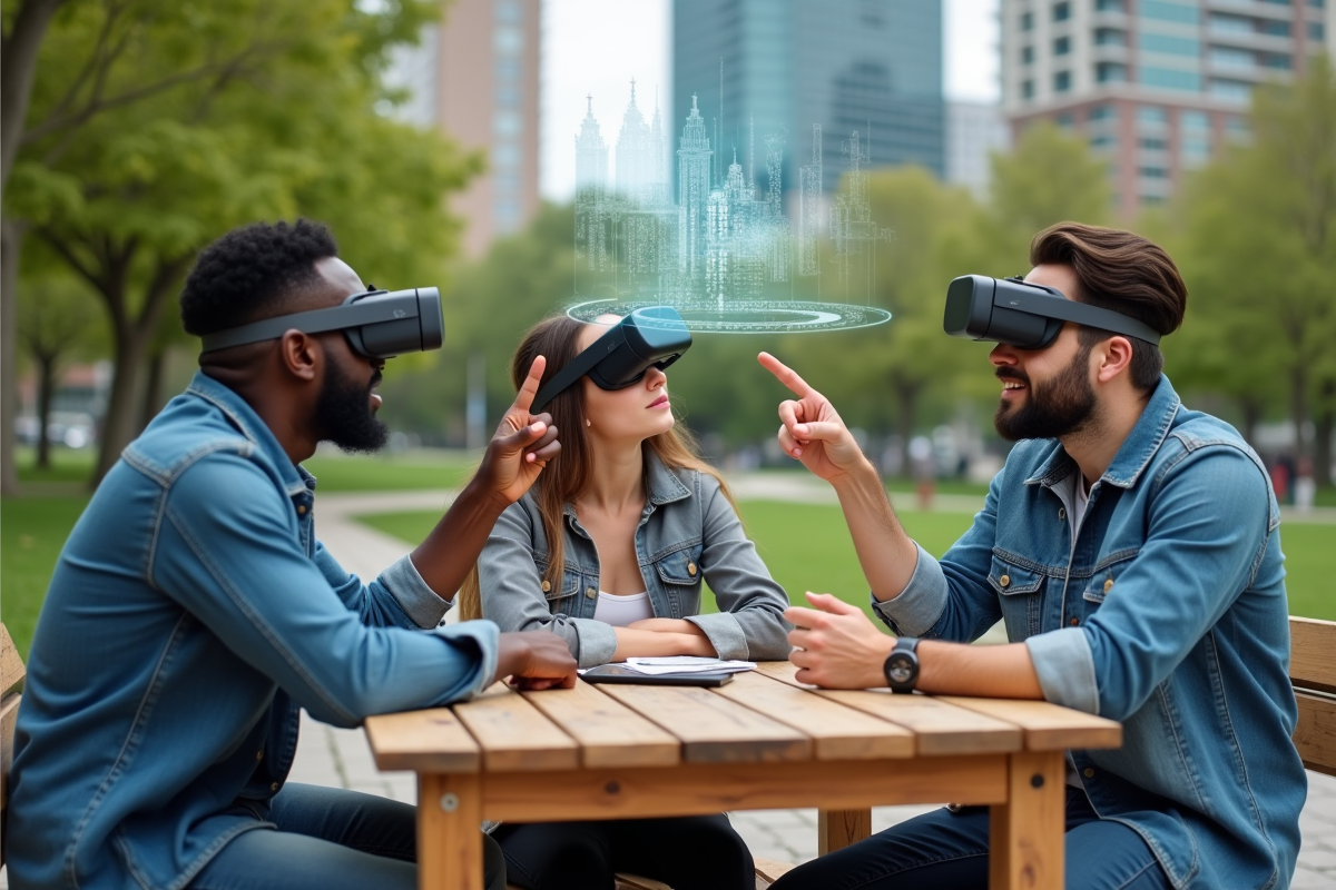Jeunes adultes utilisant la réalité augmentée dans un parc urbain