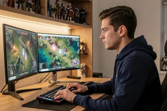 Joueur configurant l'outil Dofus Portazl sur un double écran dans un bureau gaming à domicile