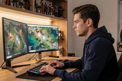 Joueur configurant l'outil Dofus Portazl sur un double écran dans un bureau gaming à domicile