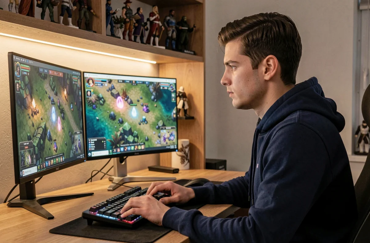 Joueur configurant l'outil Dofus Portazl sur un double écran dans un bureau gaming à domicile
