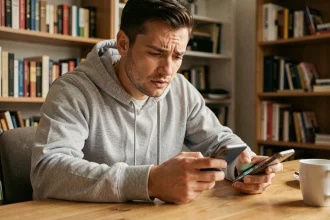 Jeune homme jouant à Monopoly GO sur smartphone à son bureau, air concentré et légèrement frustré