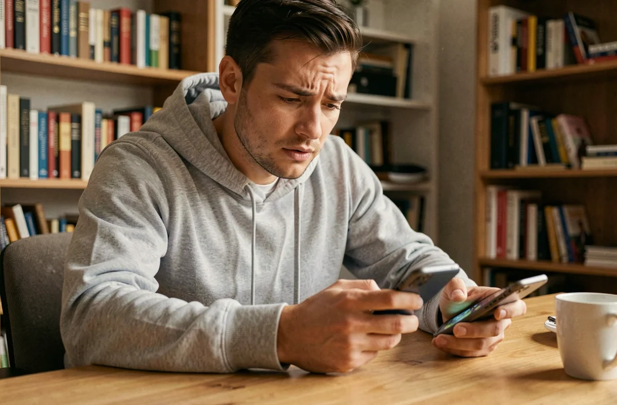 Jeune homme jouant à Monopoly GO sur smartphone à son bureau, air concentré et légèrement frustré