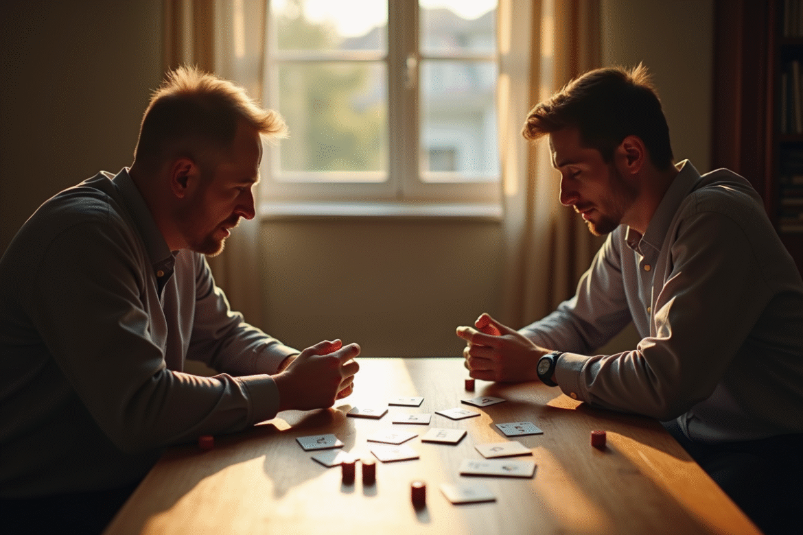 Deux personnes jouent aux cartes à une table en bois