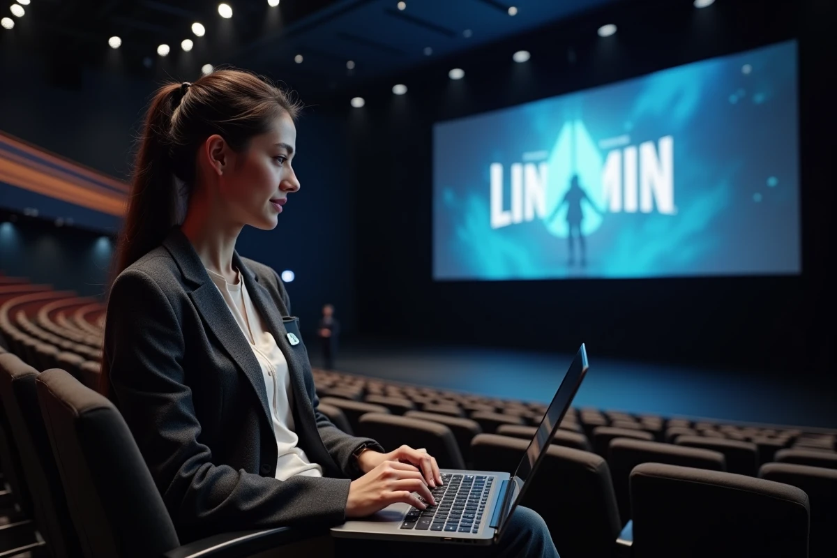 Journaliste ou éditrice prenant des notes lors d'une keynote du Summer Game Fest 2026 dans un grand auditorium de gaming