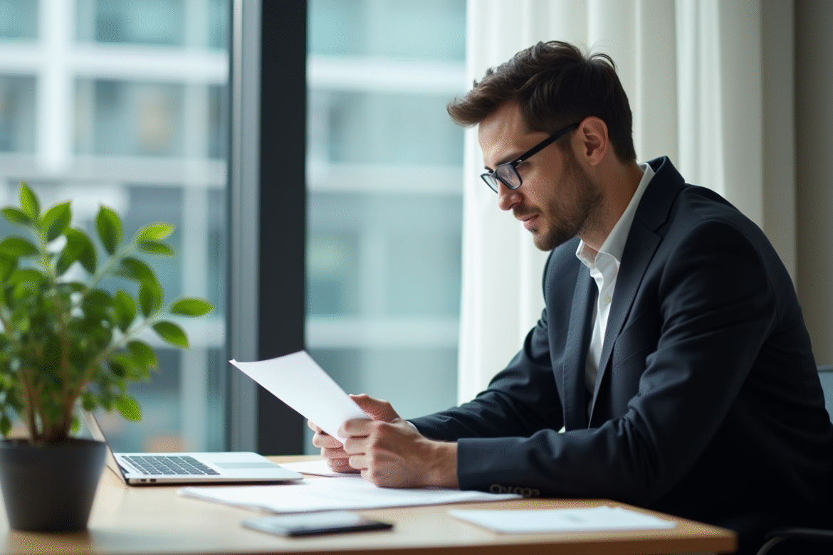 Juriste professionnel dans un bureau lumineux lisant un document juridique