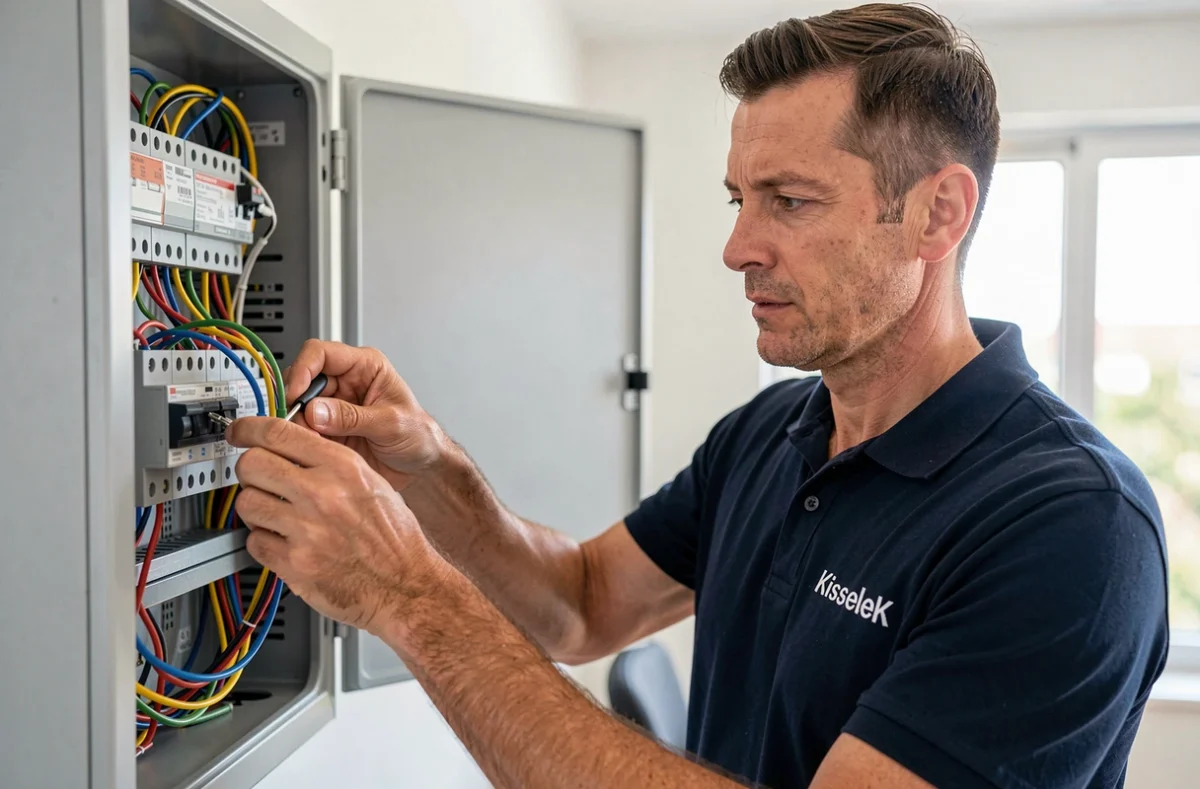 Électricien de Kiss'eleK connectant des câbles dans un tableau électrique moderne à Toulouse
