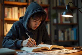 Jeune homme lisant un manga Killer Beat posé sur un bureau en bois entouré de volumes de bandes dessinées japonaises