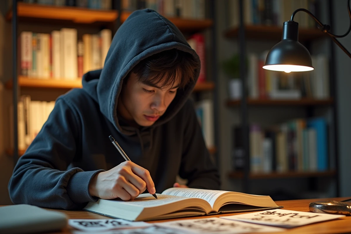 Jeune homme lisant un manga Killer Beat posé sur un bureau en bois entouré de volumes de bandes dessinées japonaises