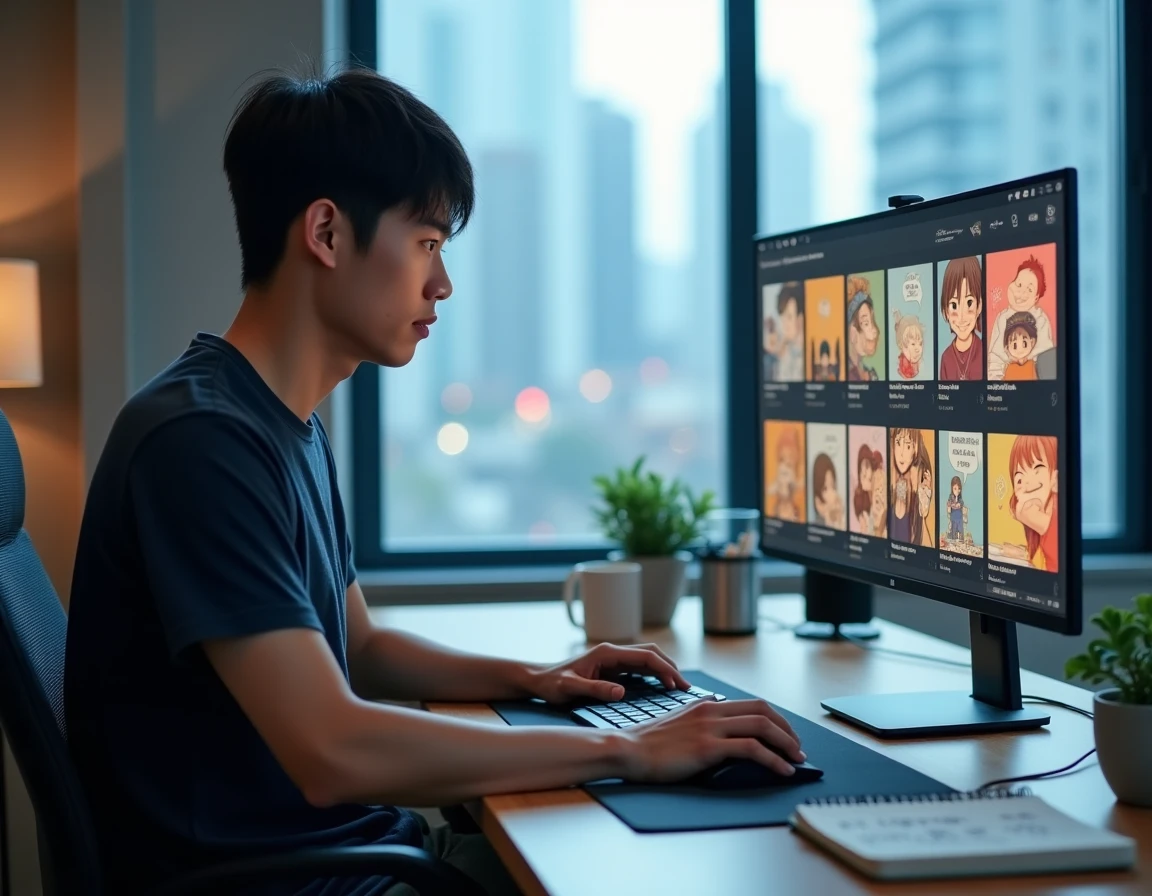 Homme utilisant une plateforme de lecture de manhuas en ligne sur ordinateur de bureau dans un bureau moderne à domicile