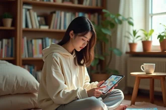 Jeune femme lisant des manhuas sur une tablette numérique avec l'application Kaliscab dans une chambre cosy entourée de mangas
