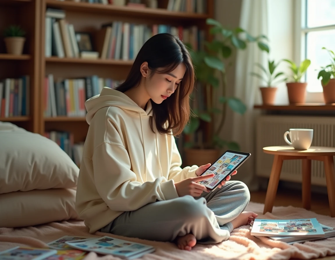 Jeune femme lisant des manhuas sur une tablette numérique avec l'application Kaliscab dans une chambre cosy entourée de mangas