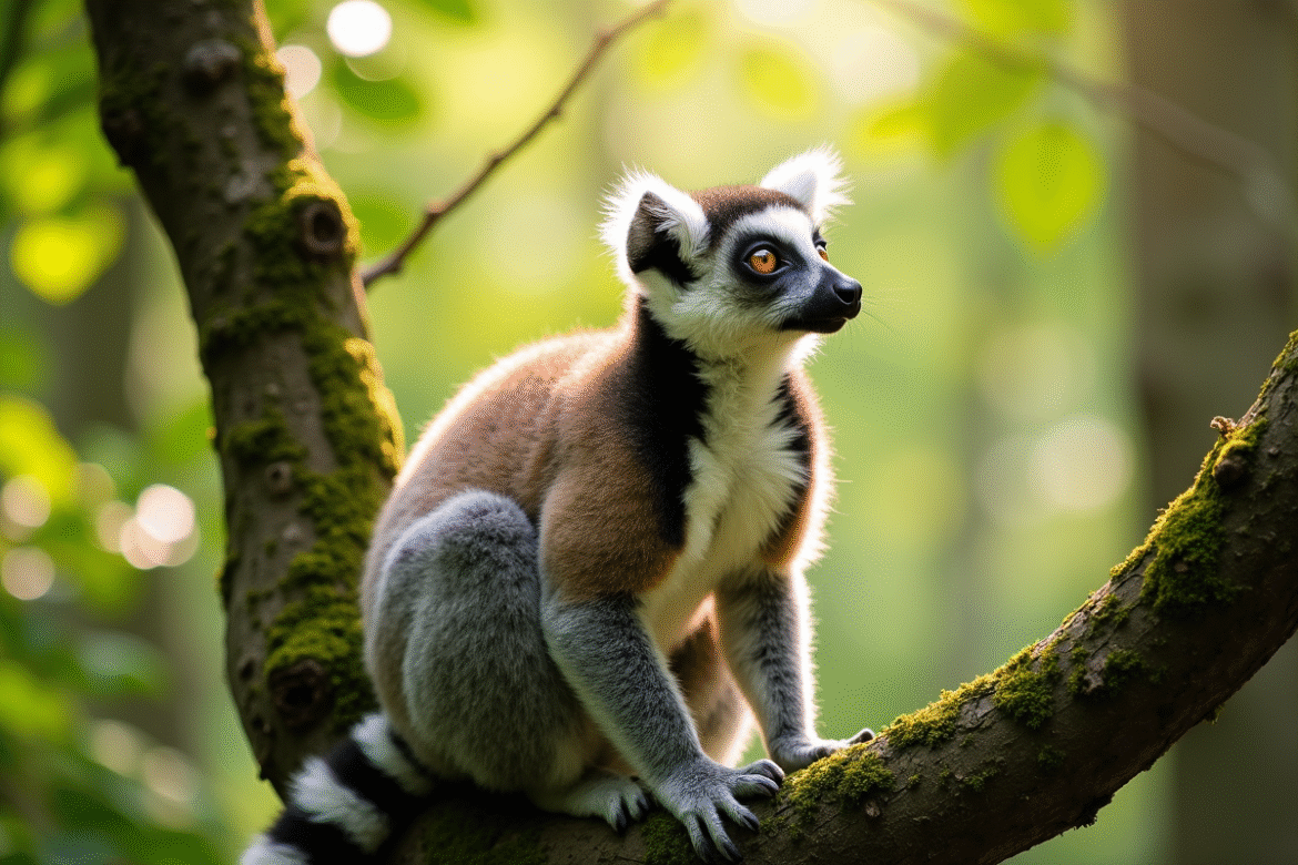 Lémurien ringtailed perché sur une branche verte en forêt