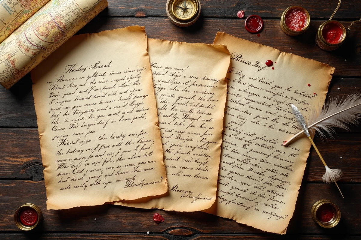 Vue de dessus de lettres manuscrites en cursive napoléonienne sur parchemin entourées de cachet de cire et accessoires d'époque