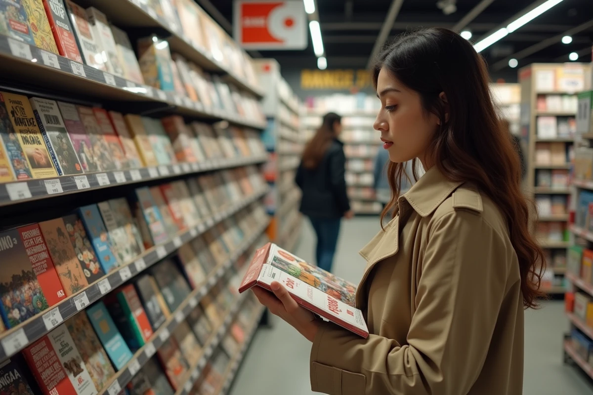 Femme feuilletant des mangas dans une librairie française spécialisée en bandes dessinées japonaises