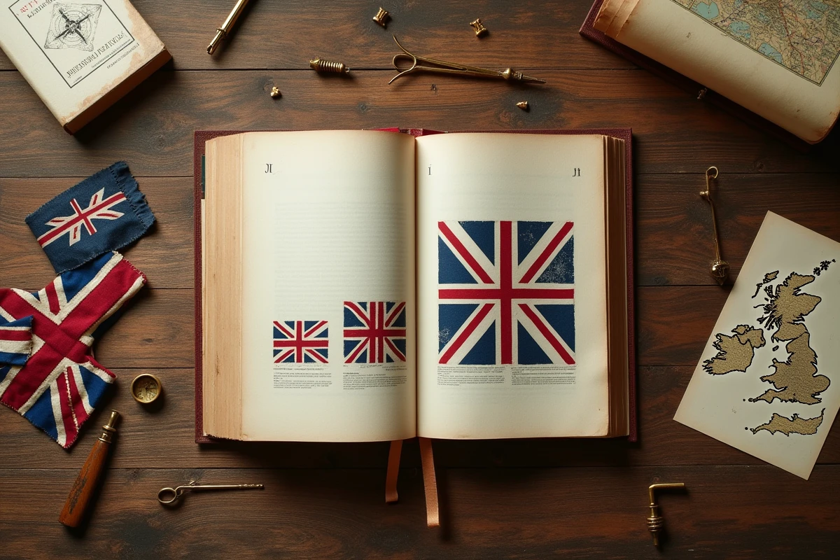 Mise à plat d'un livre vintage et de symboles des drapeaux constituant l'Union Jack sur une table en bois ancien