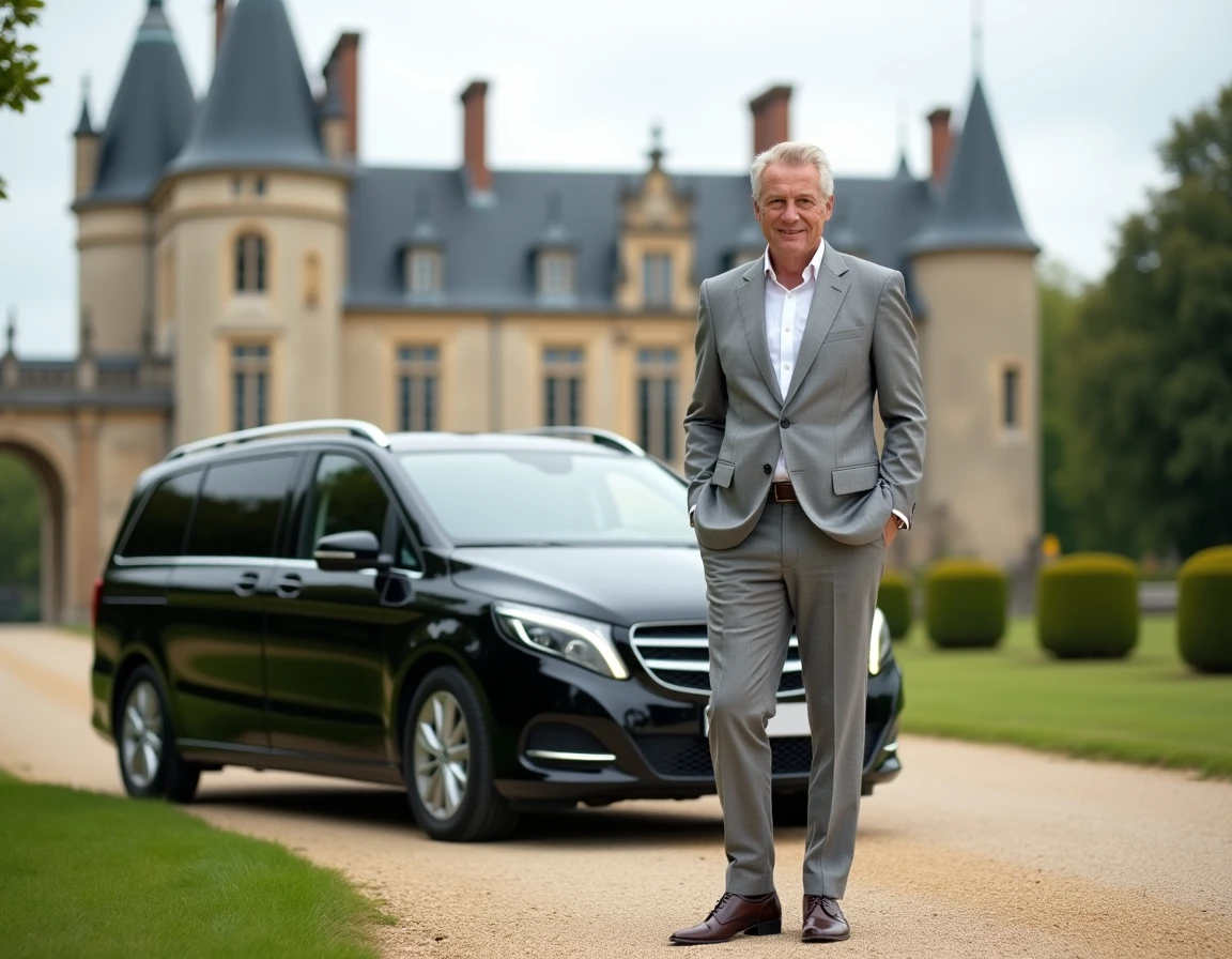 Chauffeur VTC touristique en costume gris clair debout près d'un minivan noir devant un château de la Loire avec jardins formels