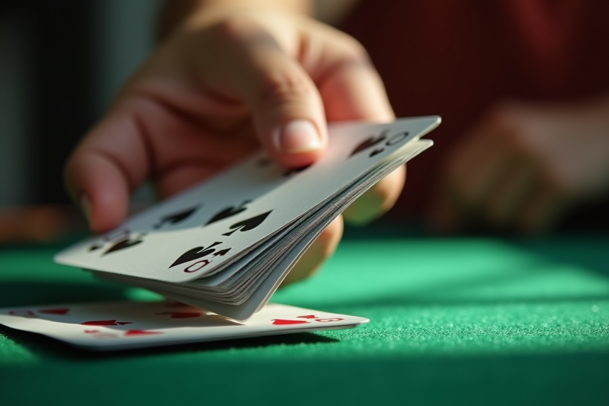Main tenant un paquet de cartes sur une table ensoleillee