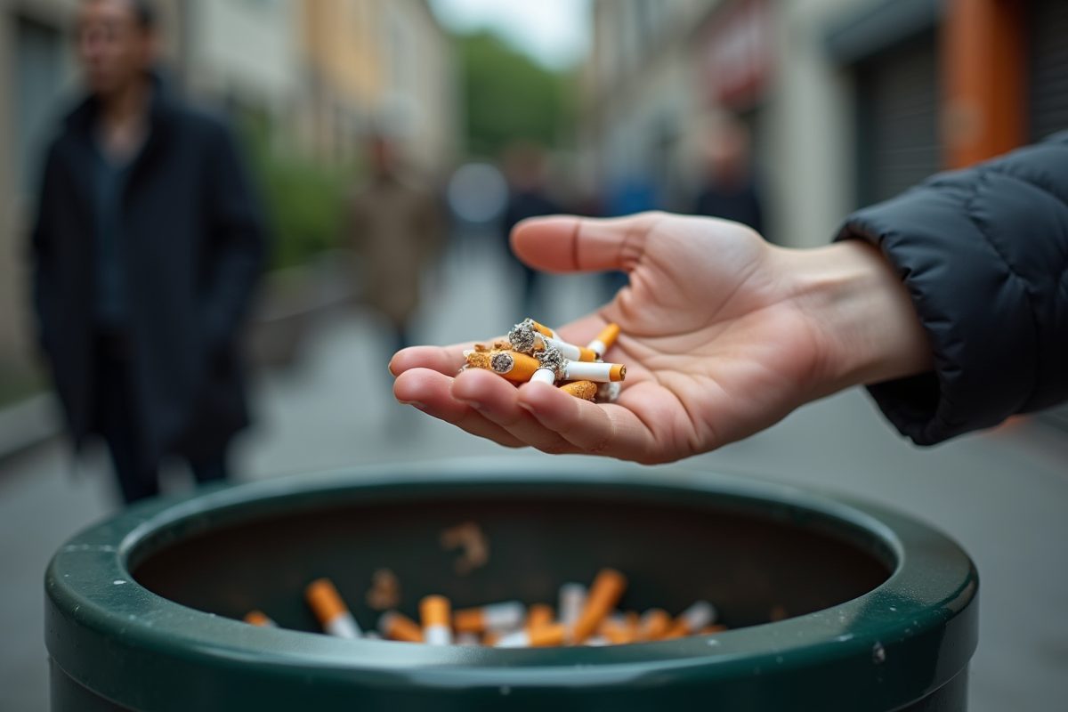 Main relâchant des cigarettes cassées dans une poubelle en extérieur