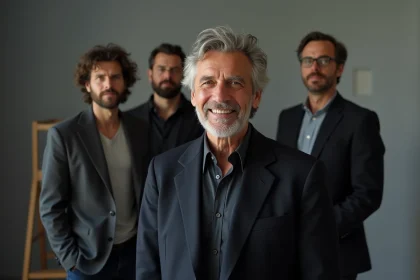 Marc Lavoine avec acteurs dans un studio minimaliste