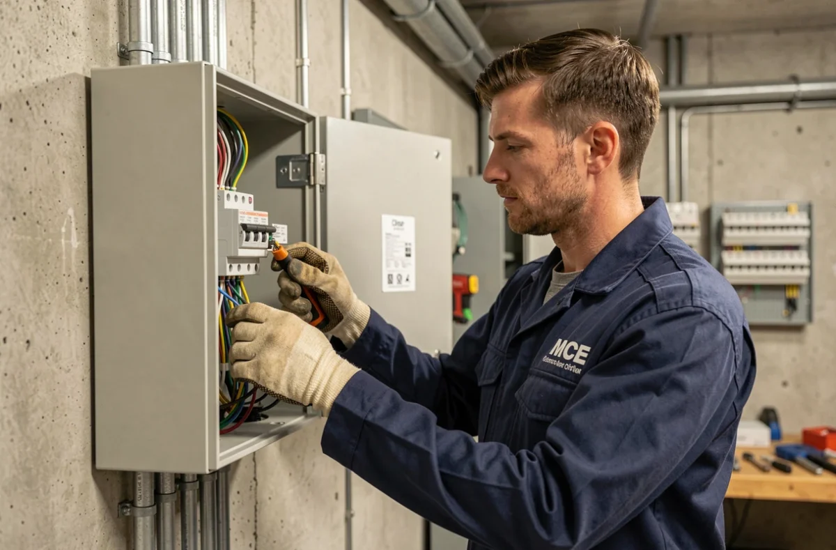 Technicien MCE Electricité Générale réalisant un câblage dans un tableau électrique résidentiel
