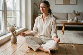 Femme en méditation assise sur un parquet en bois, ambiance apaisante liée à la signification de 22h22 et la flamme jumelle