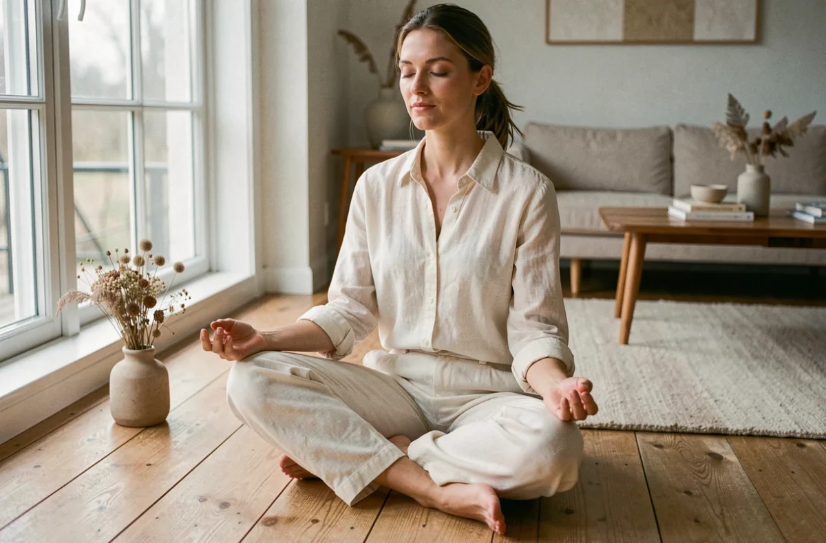 Femme en méditation assise sur un parquet en bois, ambiance apaisante liée à la signification de 22h22 et la flamme jumelle