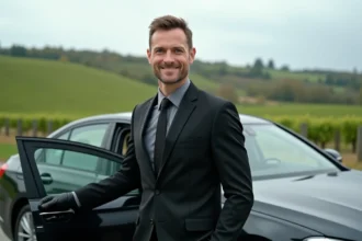 Chauffeur VTC professionnel en costume noir debout près d'une berline de luxe sur une route des Pays de la Loire avec vignobles en arrière-plan