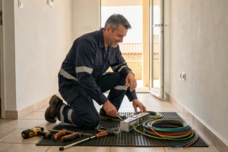 Électricien professionnel intervenant sur un tableau électrique dans un couloir résidentiel en Occitanie