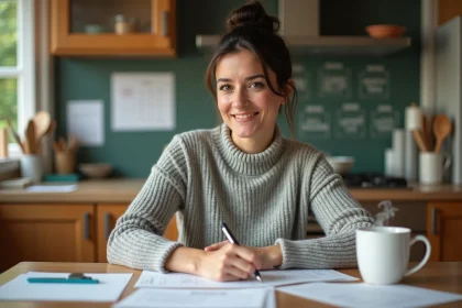 Mère organisée préparant un plan de garde alternatif pour la grève des enseignants avec agenda et calendrier scolaire sur la table de cuisine