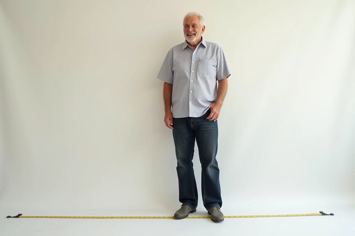 Homme mesuré contre un mètre ruban dans un studio photo, représentant la mesure de la taille d'une personnalité française comme Vincent Lagaf