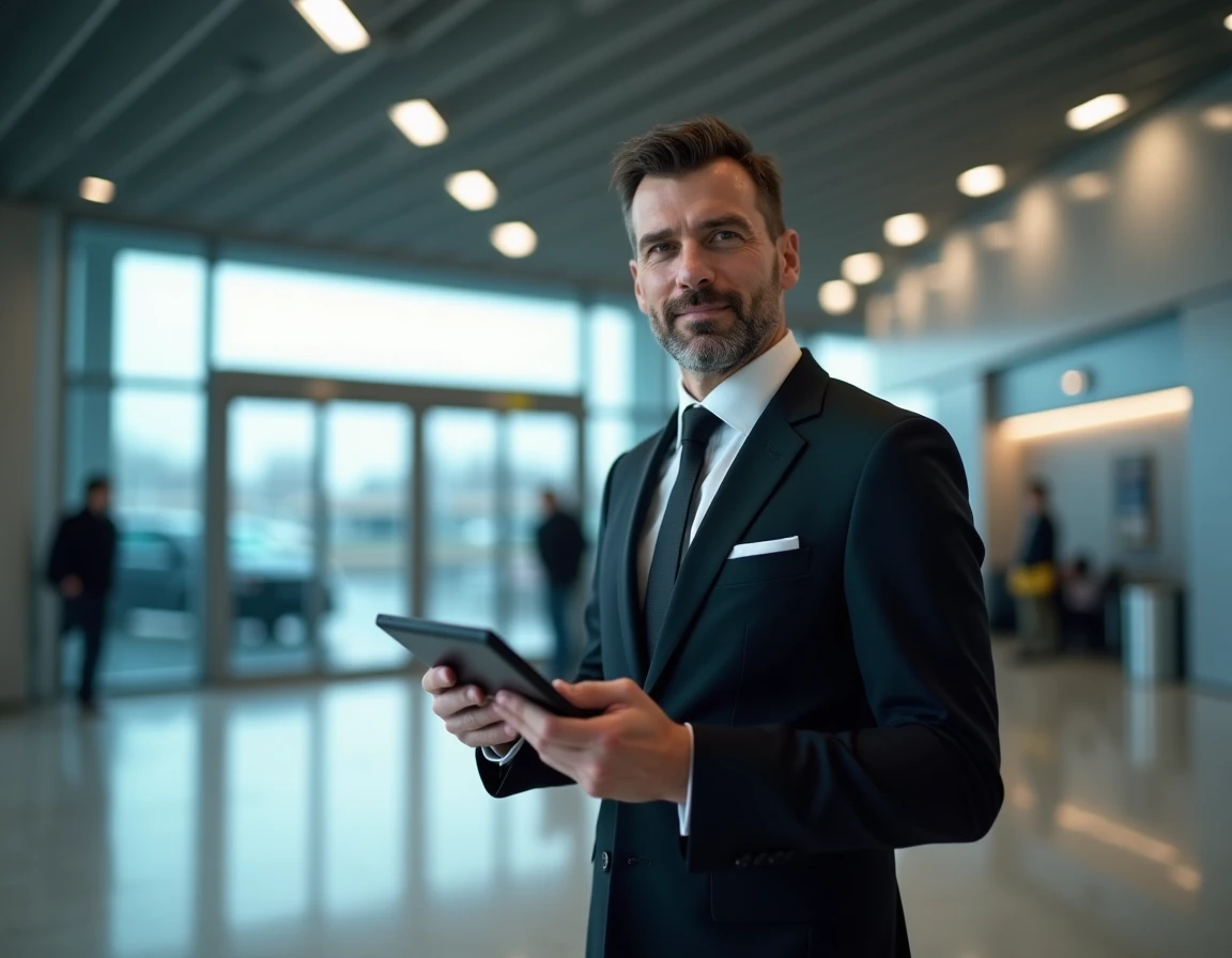 Chauffeur VTC en costume noir attendant un passager à l'aéroport de Nantes Atlantique avec une tablette affichant un nom