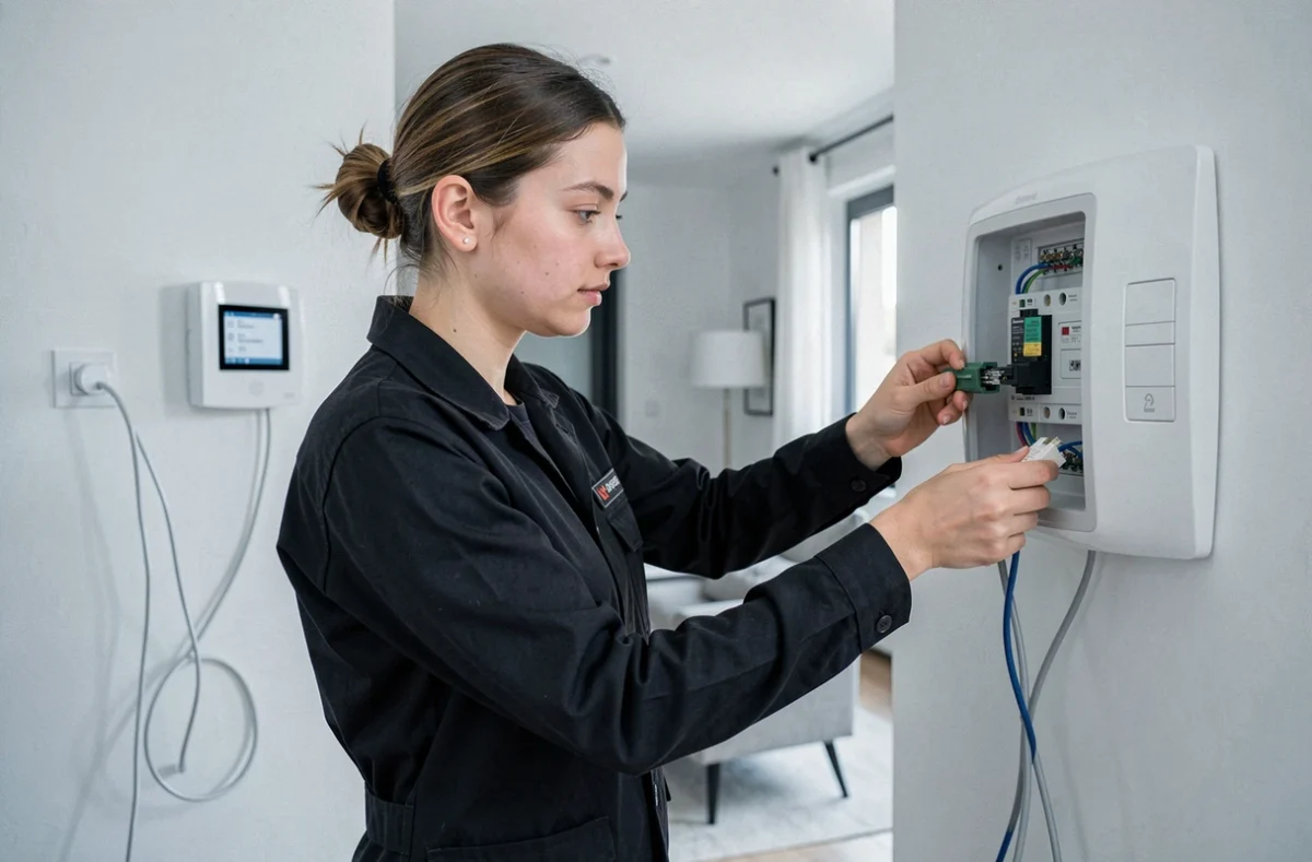 Électricienne Naohme installant un système domotique dans un appartement moderne normand